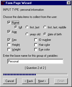 Form Wizard Dialog Box - Input Type: Personal Information