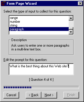 Form Wizard Dialog Box - Select the type of input to collect for this question