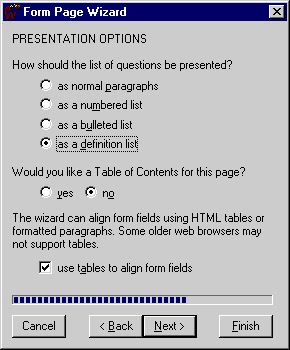 Form Wizard Dialog Box - Presentation Options